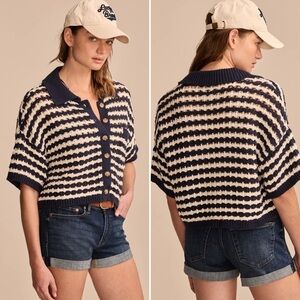 Lucky Brand Navy & Ivory Short Sleeve Pointelle Polo Button Down Top Size XL